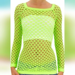 Women's long Sleeve Fishnet Layer Blouse Top neon